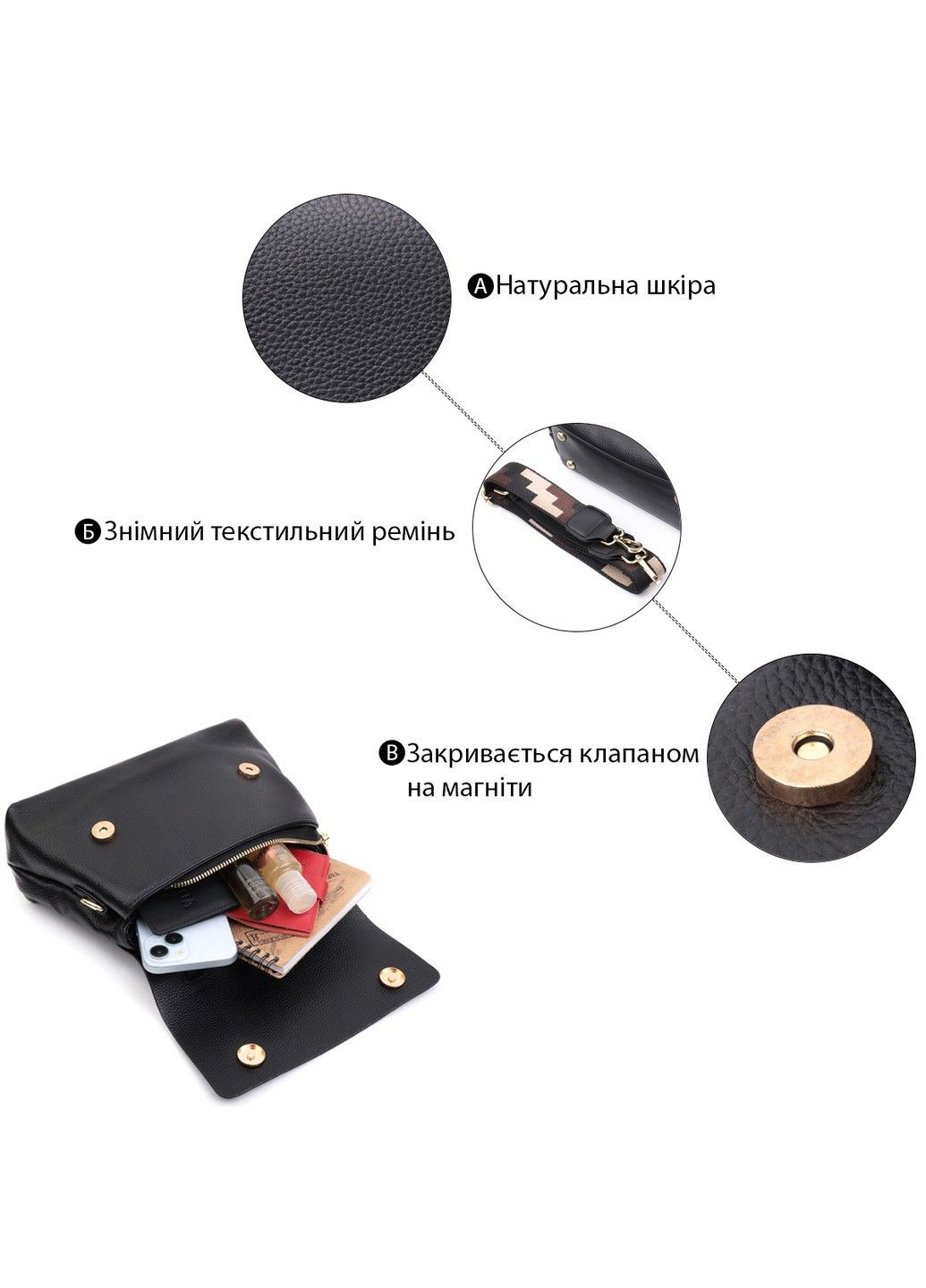 Люксовая сумка для женщин с короткой ручкой из натуральной кожи 22670 Черная Vintage (297993097)