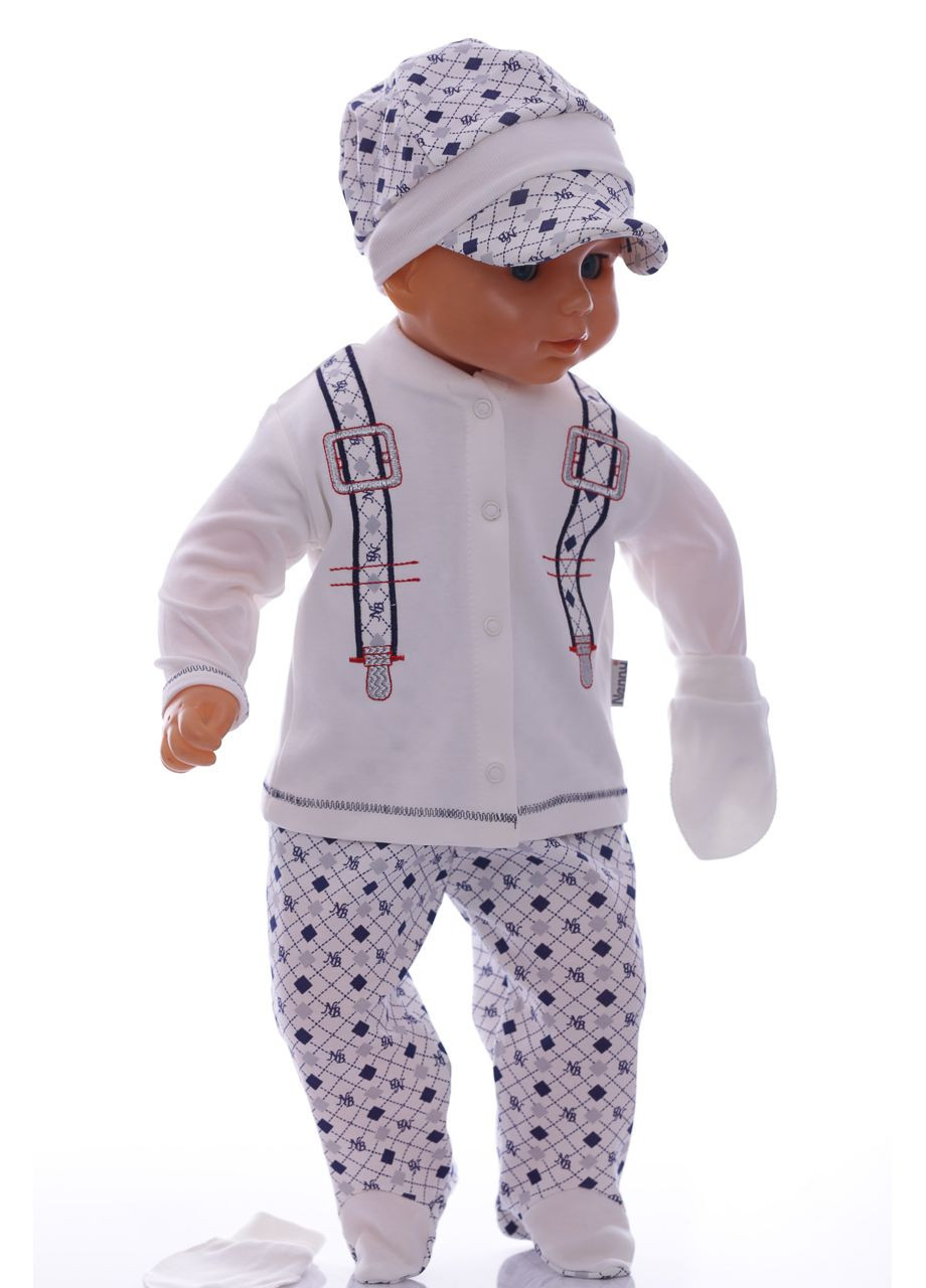 Білий демісезонний комплект повзунки, сорочечка, кепка для хлопчика в коробці білий 62 см (40176) Nenny baby