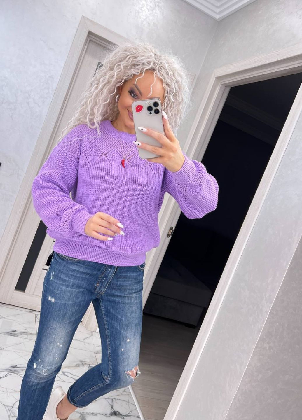 Сиреневый демисезонный шерстяной свитер свободного кроя Tik-Tak