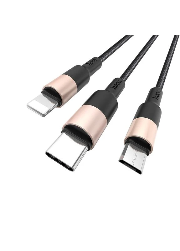 Кабель USB to iP+Type-C+Micro 2A, 1m, нейлон, алюмінієві конектори Чорний+Золотий (6957531080275) Hoco X26 (386647329)
