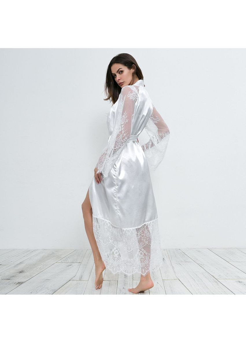 Халат атласный длинный женский с рукавами и снизу кружевом No Brand Халат довгий Noir білий (349815712)