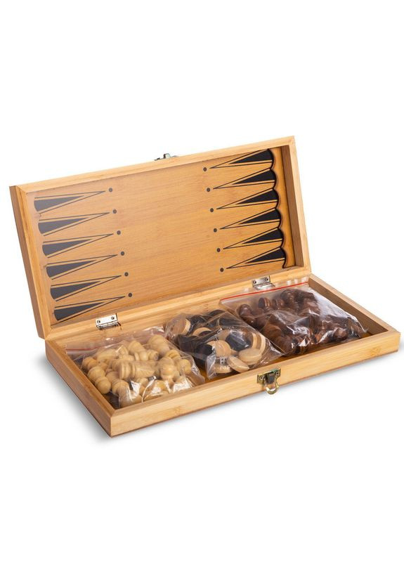 Шахи, шашки, нарді 3 в 1 бамбукові SP-B-3135 (фігури-дерево, розчин дошки 34x34см) (B-3135) SP-Sport (361436695)