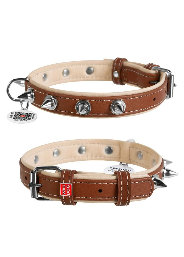 Ошейник для собак кожаный Soft с QR паспортом, с шипами, Ш 35 мм, Дл 46-60 см WAUDOG (333706219)