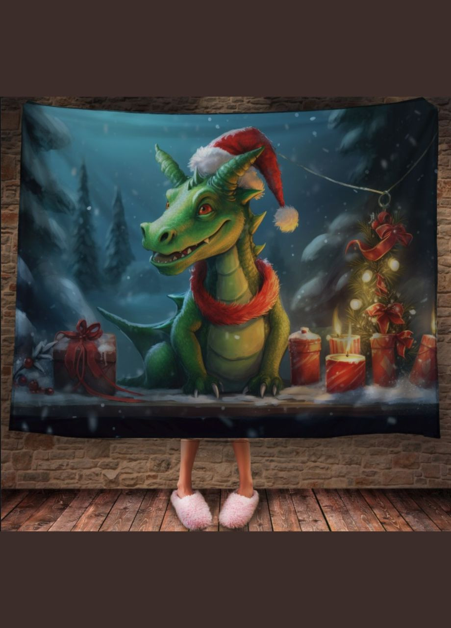 Плед з 3D принтом Різдвяний Дракончик зі свічками в шапці Санта Клауса, Рік Дракона _029 Перша Креативна мануфактура PERFECTUS Плед (301869477)