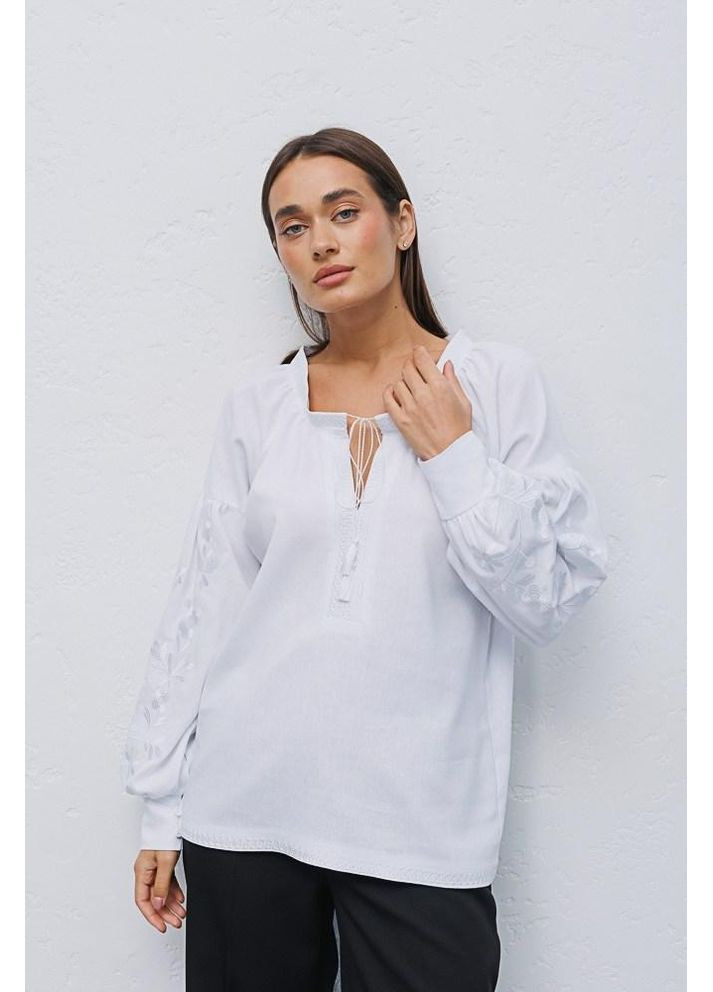 Белая рубашка вышиванка женская лен вискоза длинный рукав цветы 44 белая Arjen