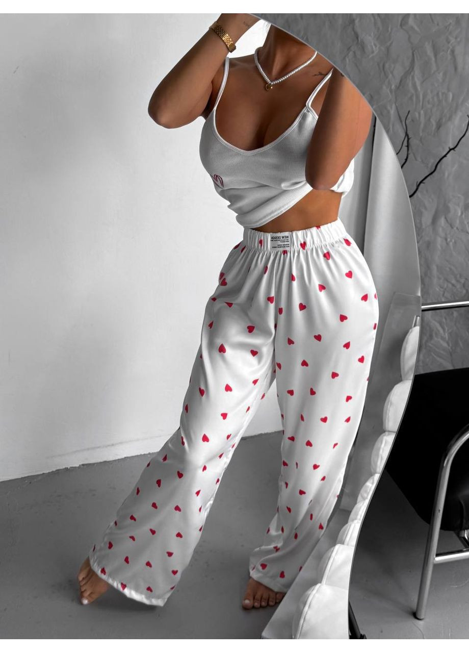 Молочна всесезон жіноча піжама з шовку та рубчика топ + брюки Avanti