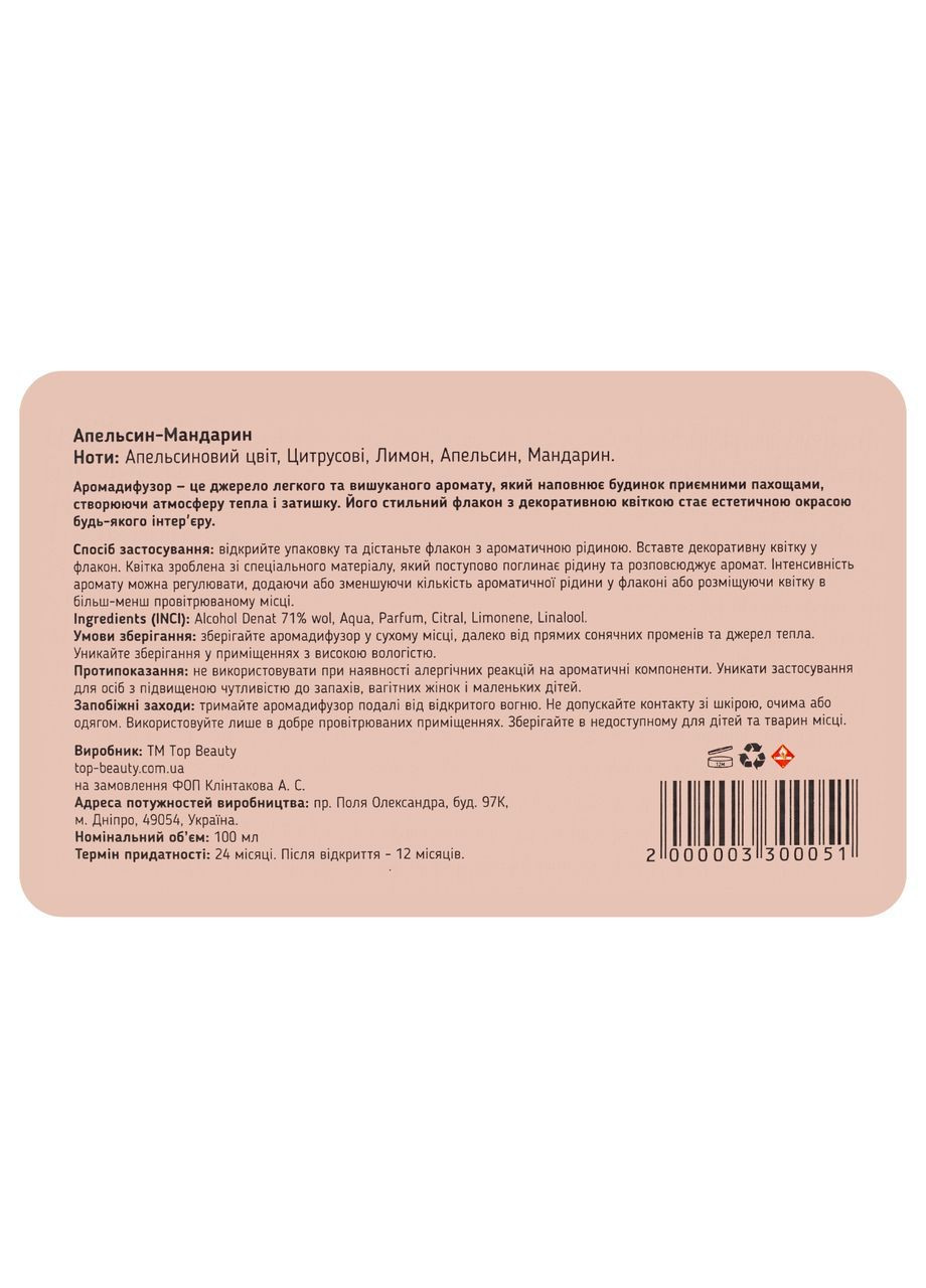 Аромадифузор для дому парфумований "Апельсин-Мандарин" 100 мл Top Beauty (366038597)
