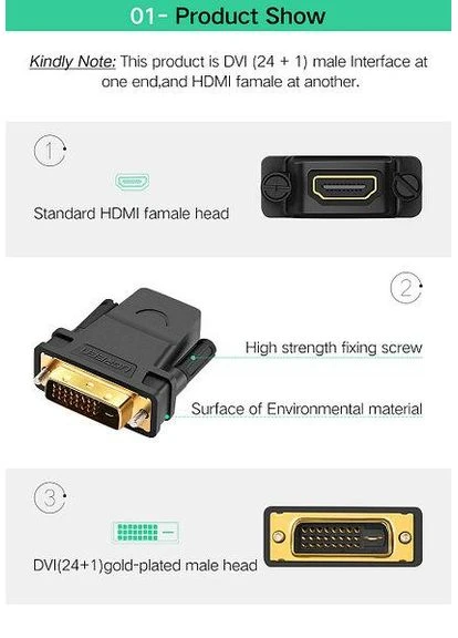 Адаптер DVI 24+1 Male to HDMI Female Adapter чорний (20124) Ugreen (388777251)