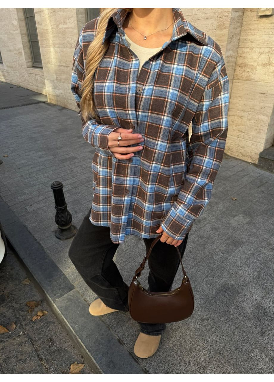 Коричневая повседневный, кэжуал рубашка в клетку No Brand с длинным рукавом