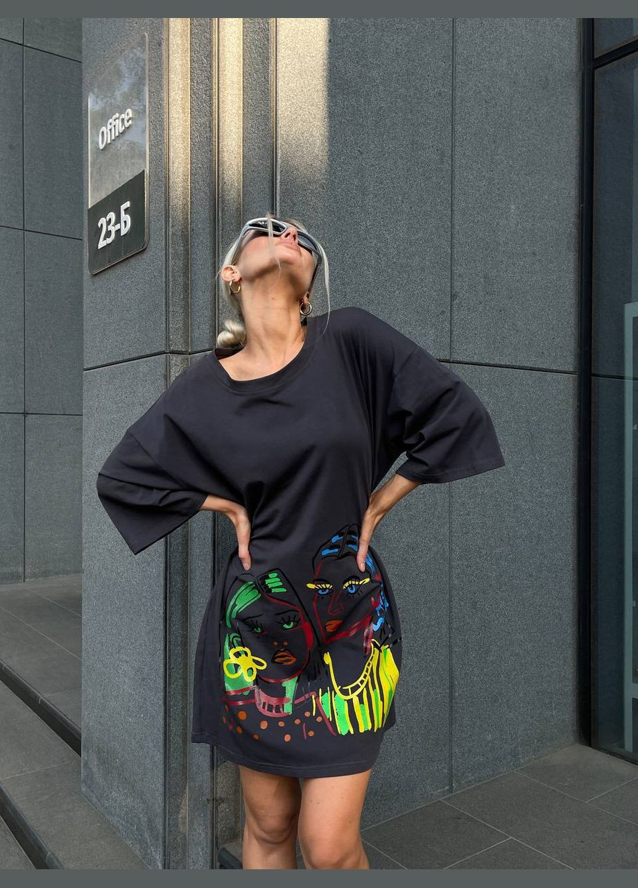 Графитовое спортивное, повседневный, кэжуал женское платье-рубашка платье-футболка No Brand с рисунком