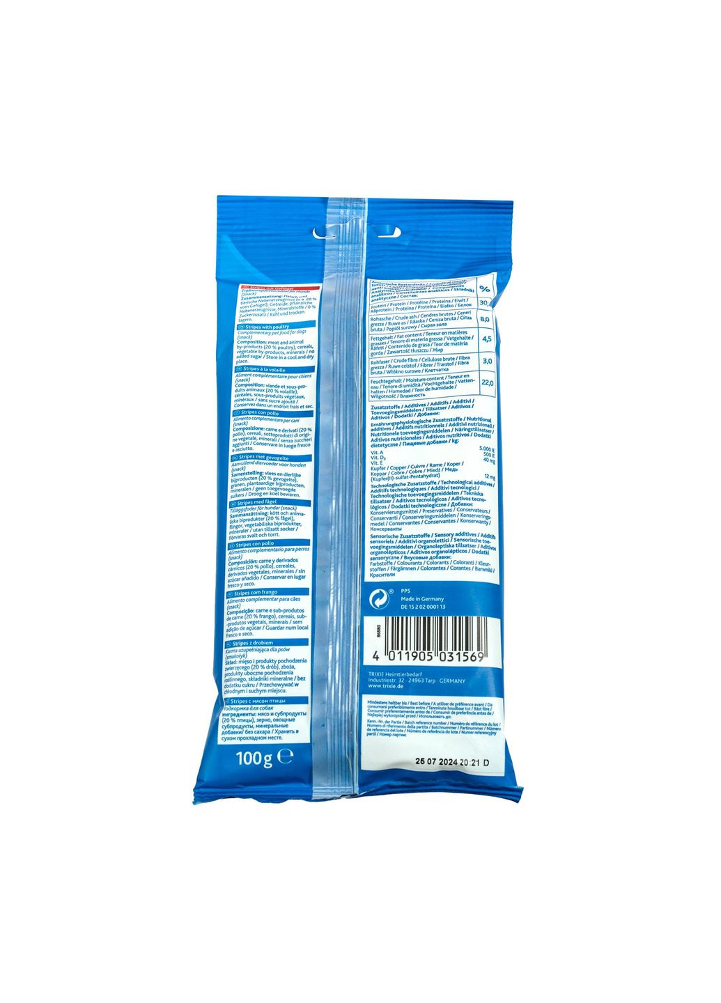 Ласощі Stripes для собак полоски з м'ясом домашніх птахів 100 г Trixie (351378627)