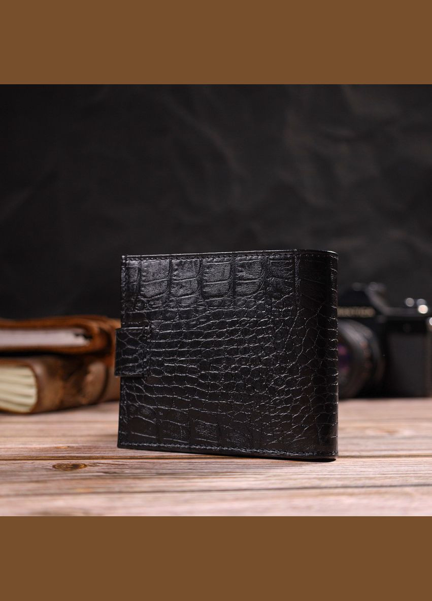 Чоловічий оригінальний гаманець горизонтального формату з натуральної шкіри з тисненням під крокодила 21768 Чорний Canpellini (329150230)