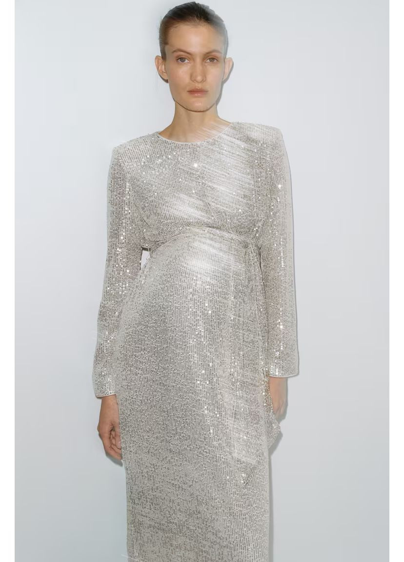 Серое платье серое mama с поясом, расшитым пайетками, размер м H&M однотонное