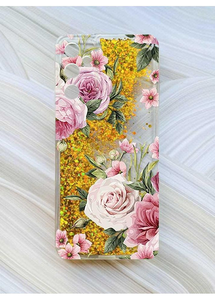 Чехол с плавающими блестками на Samsung Galaxy A35 (A356) Золотой:: Розовые цветы (принт 287) CASE CONTROL (360707840)