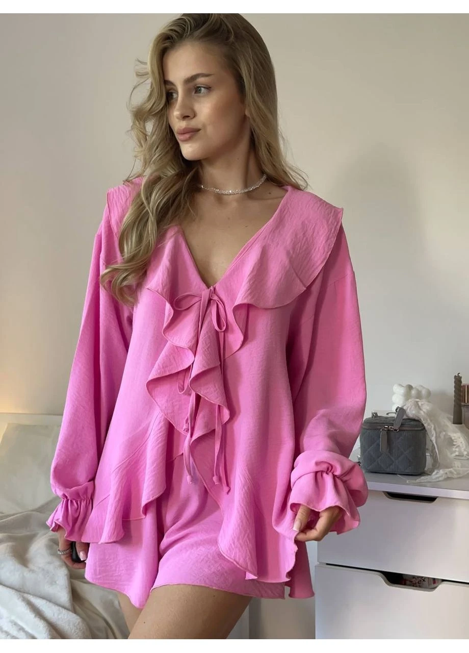 Жіночий легкий костюм (сорочка+шорти) з рюшами Fashion (382027431)