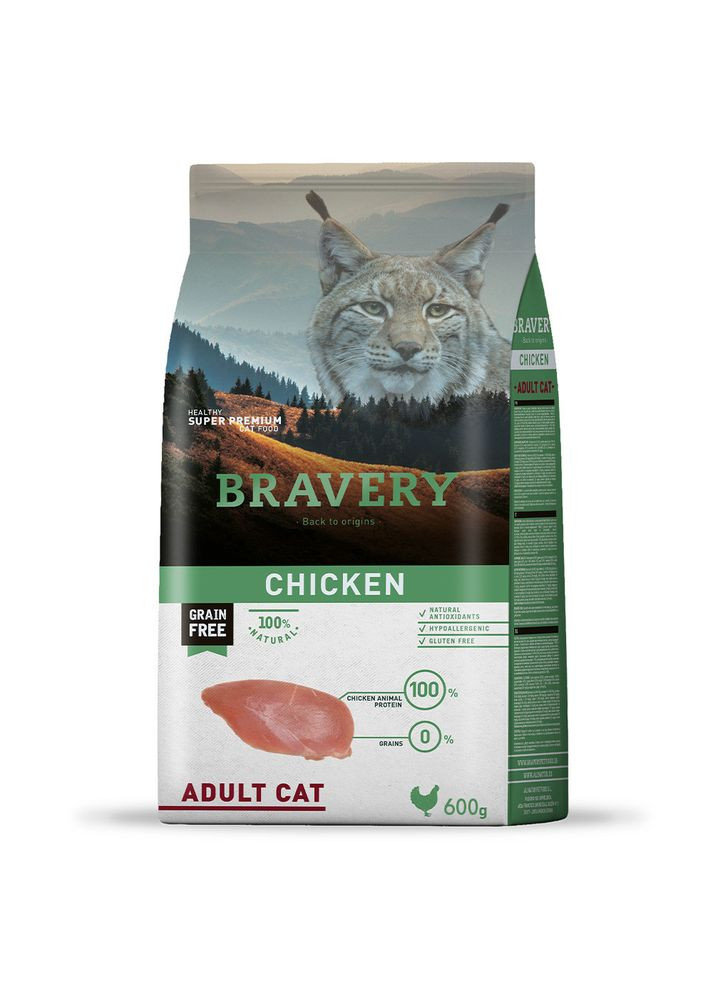 Сухой корм для взрослых кошек с курицей Chicken Adult Cat, 600 г (*) Bravery (304772605)
