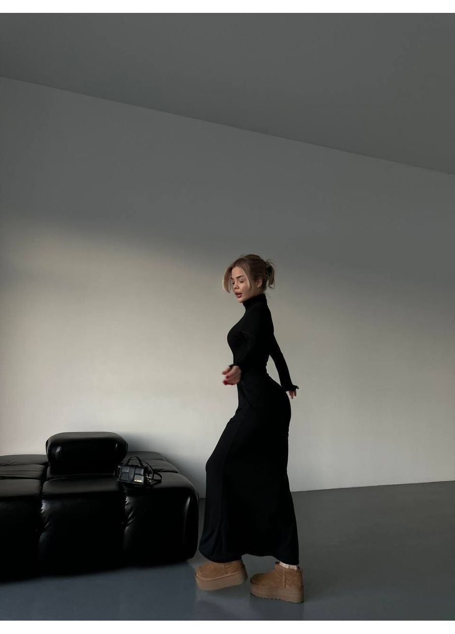 Черное вечернее, кэжуал женское платье с длинным рукавом и высоким воротником с пышной юбкой Україна однотонное