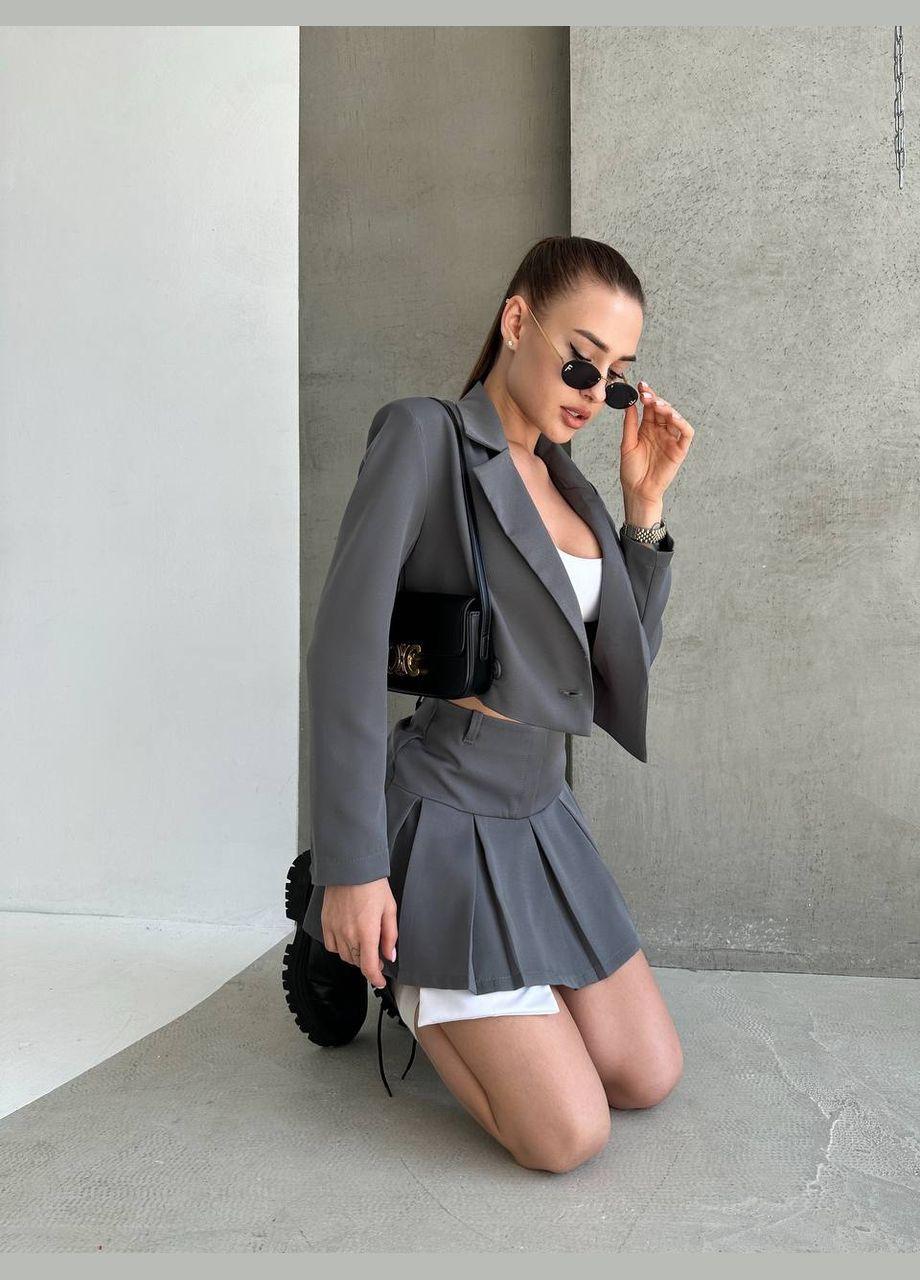 Ніжний графітовий костюм двійка (жакет+міні-спідниця) з костюмки, стильний костюм 2-ка підходить для прогулянок та свят No Brand 495-3 (300258388)