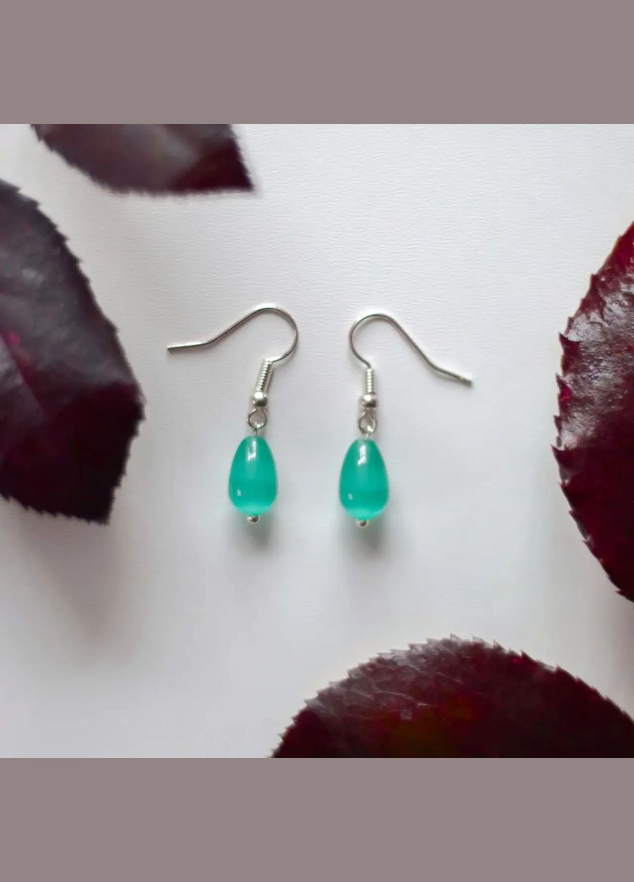 Серьги Кошачий Глаз Капля мятный синт, фур-ра гип-ный сплав цвет серебро d-11х8мм L-32мм No Brand Підвіски (315516280)