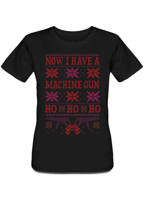 Черная летняя женская новогодняя футболка now i have a machine gun (чёрная) Fat Cat