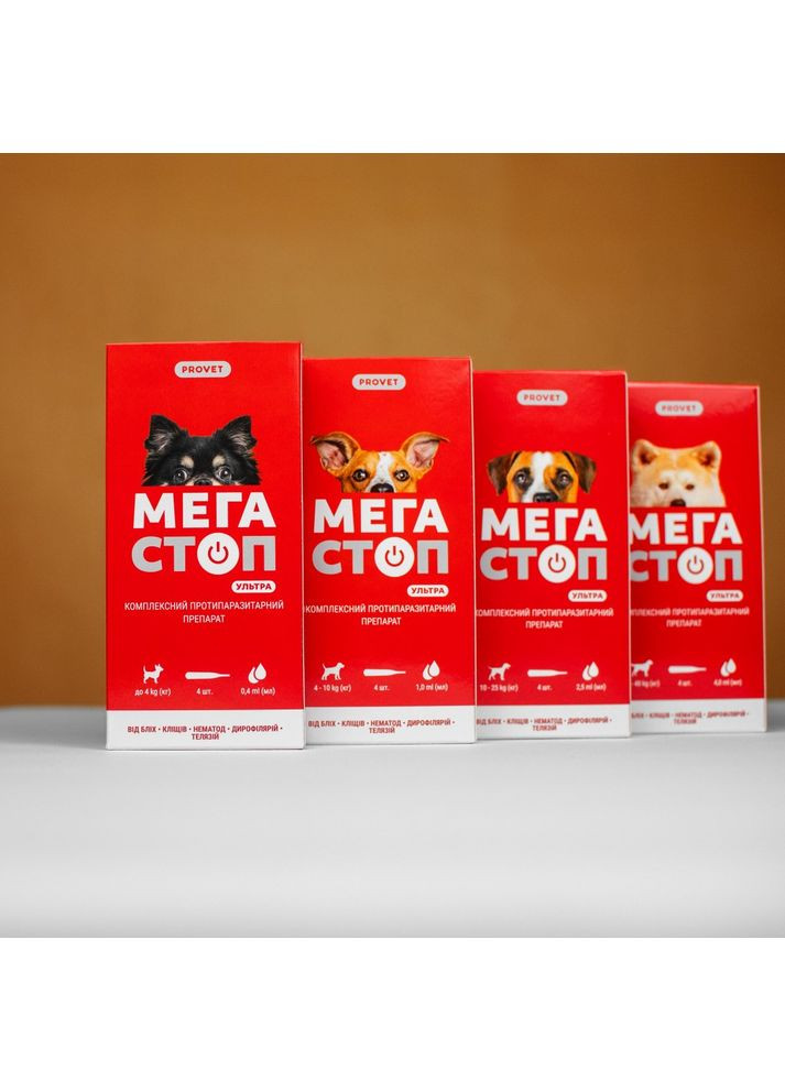Капли Мегастоп Ультра для собак 10-25 кг, 4 пипетки по 2,5 мл (инсектоакарицид, антигельминтик) ProVET (355255543)