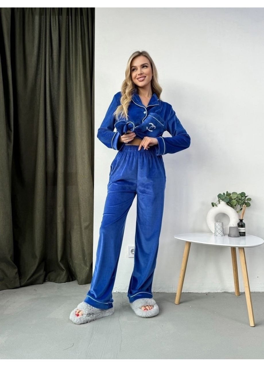 Синяя всесезон пижама с вышивкой из турецкого велюра - замеры в описании кофта + брюки Vione