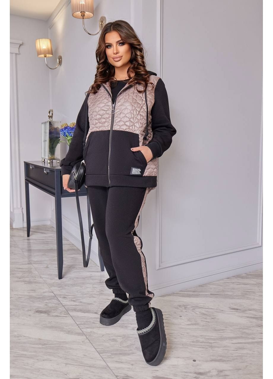 Женский утеплённый костюм на флисе чёрный с вставками цвета мокко Boni Спортивний костюм (361055525)