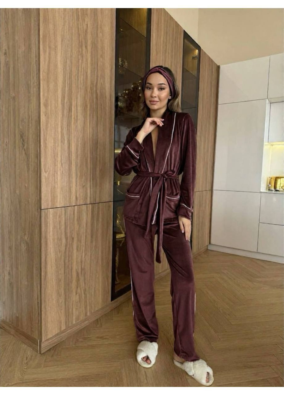 Коричнева всесезон піжама жіноча велюрова кофта + брюки Style Point