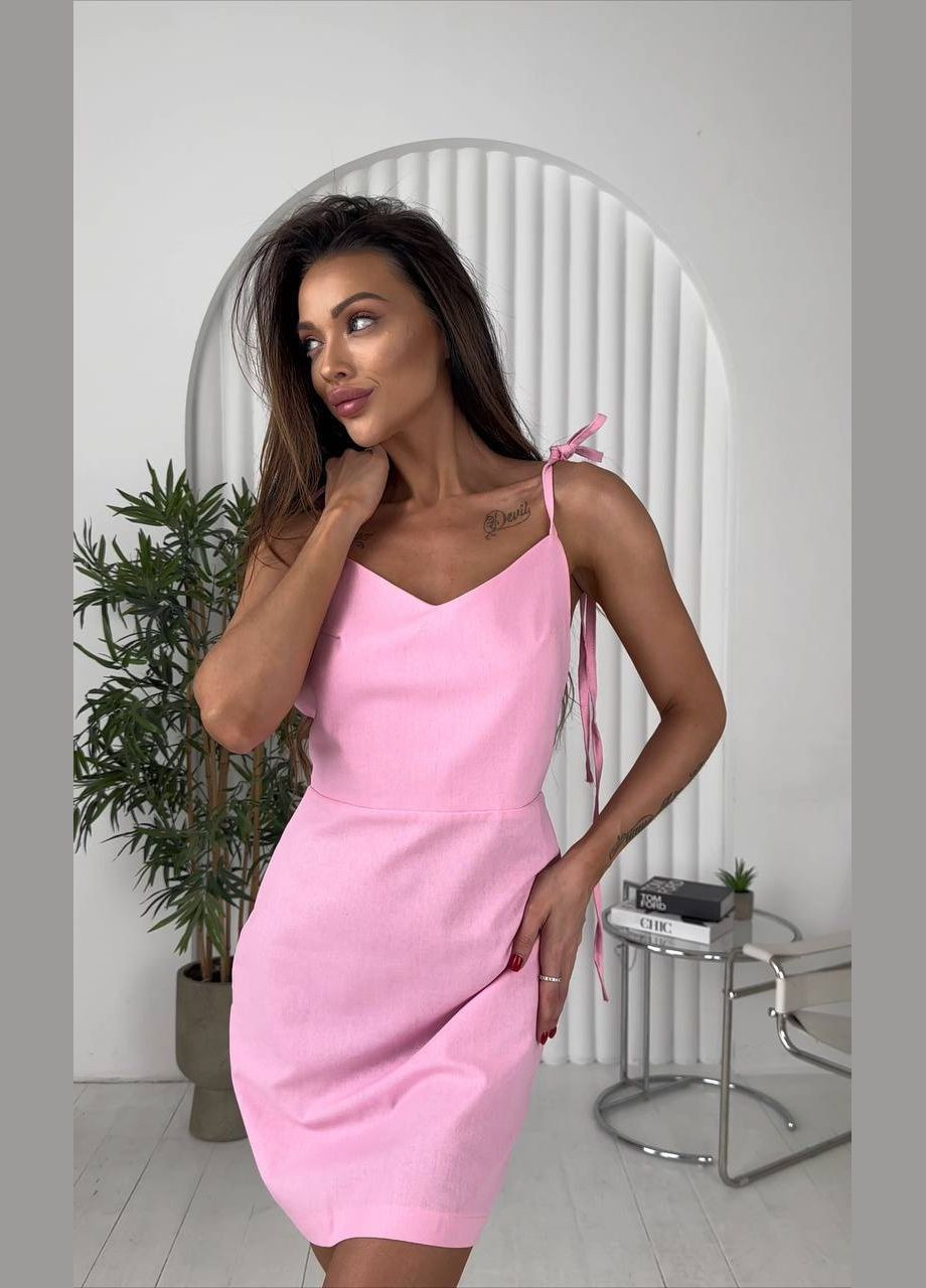 Розовое повседневный, коктейльное женское платье из льна на завязках с открытой спиной Avanti однотонное