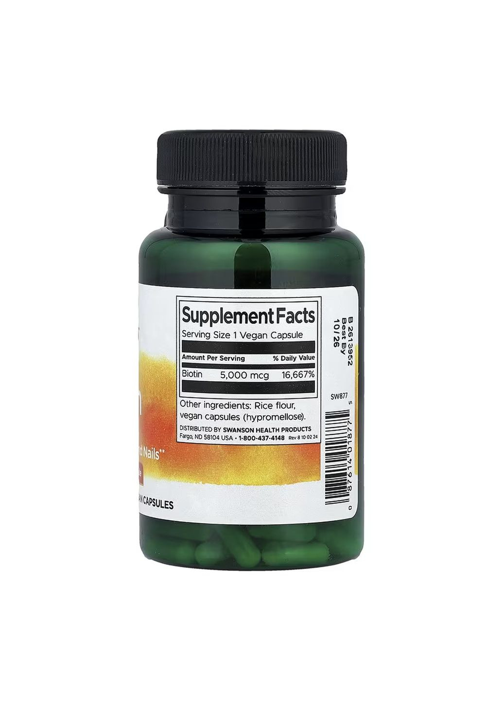 Біотин для волосся і шкіри 5000 мкг 100 капсул вітамін B7 без цукру Swanson (367956139)