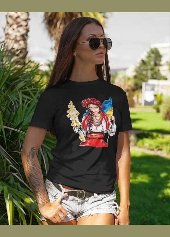 Черная летняя футболка женская натуральная патриотическая с украинской символикой xs с коротким рукавом Mishe 11000034