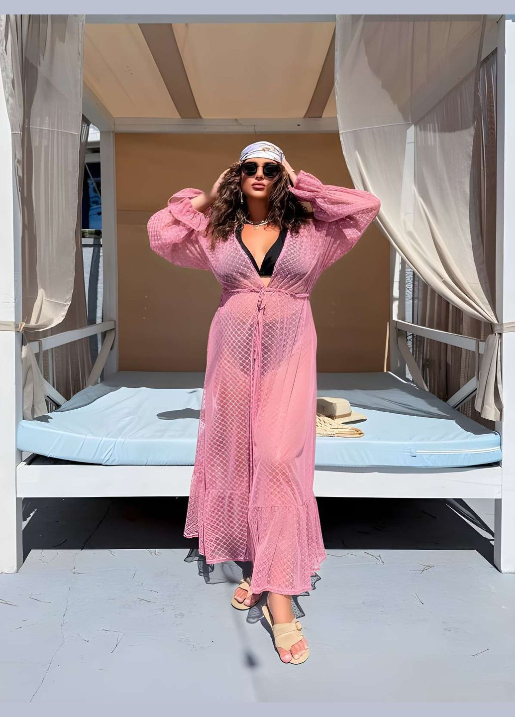 Женская летняя пляжная полупрозрачная длинная туника парео накидка бежевая Україна (345557379)