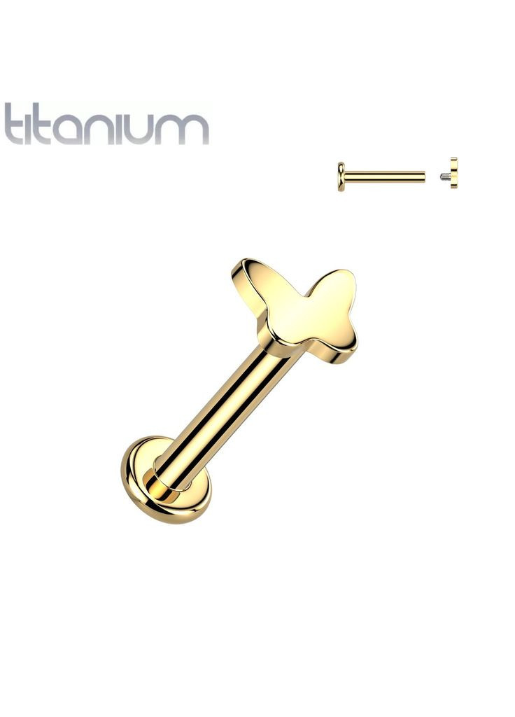 Сережка лабрет з титану для пірсингу вуха, губ, трагуса з метеликом TIL252-16063-GD (Штанга: 6мм) Spikes (333342282)