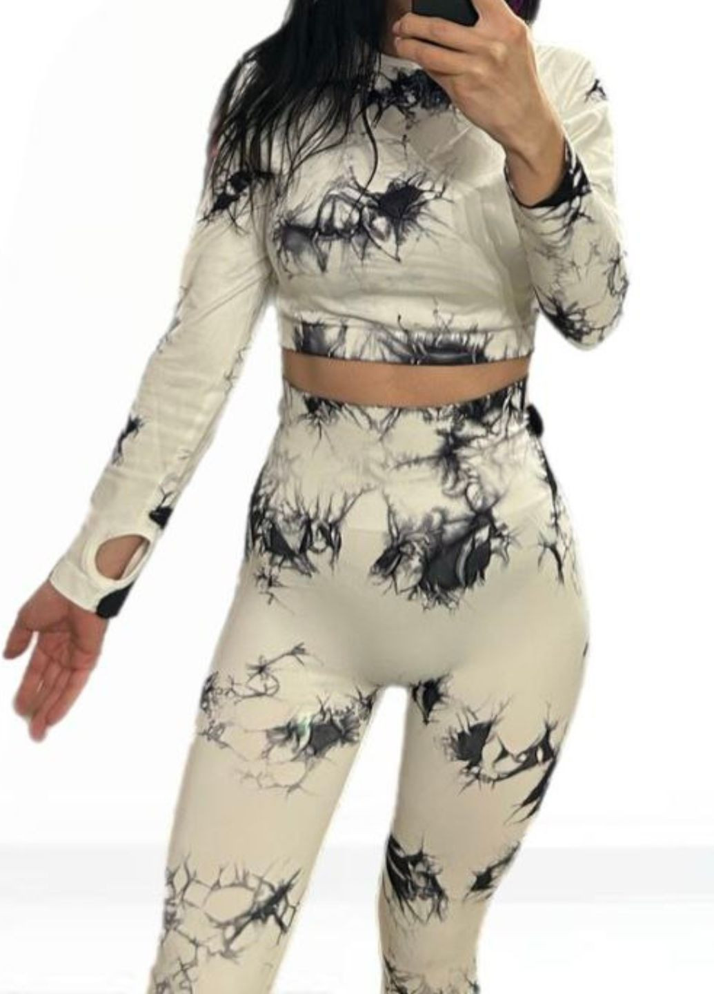 Базовий приталений спортивний костюм двійка: топ з довгими рукавами з вирізами під пальчики + лосини Україна (328558982)