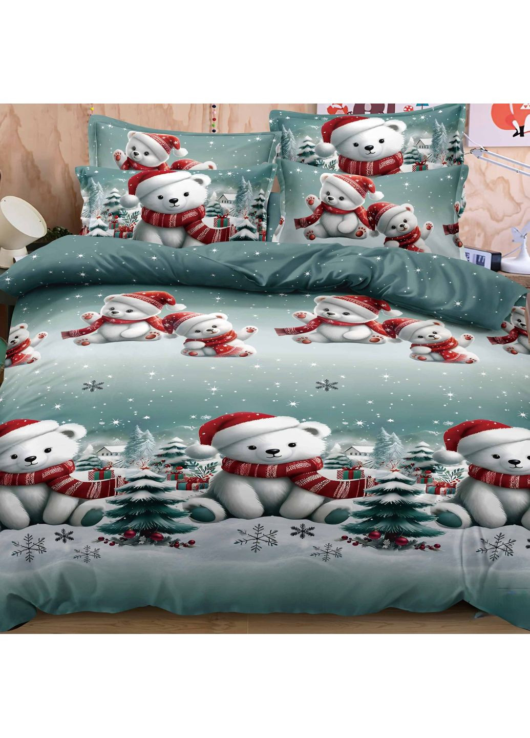 Постільна білизна сімейна з наволочками 50х70 м'ятна новорічна Ведмедики Фланель Байка 954694 Ananasko (365751154)