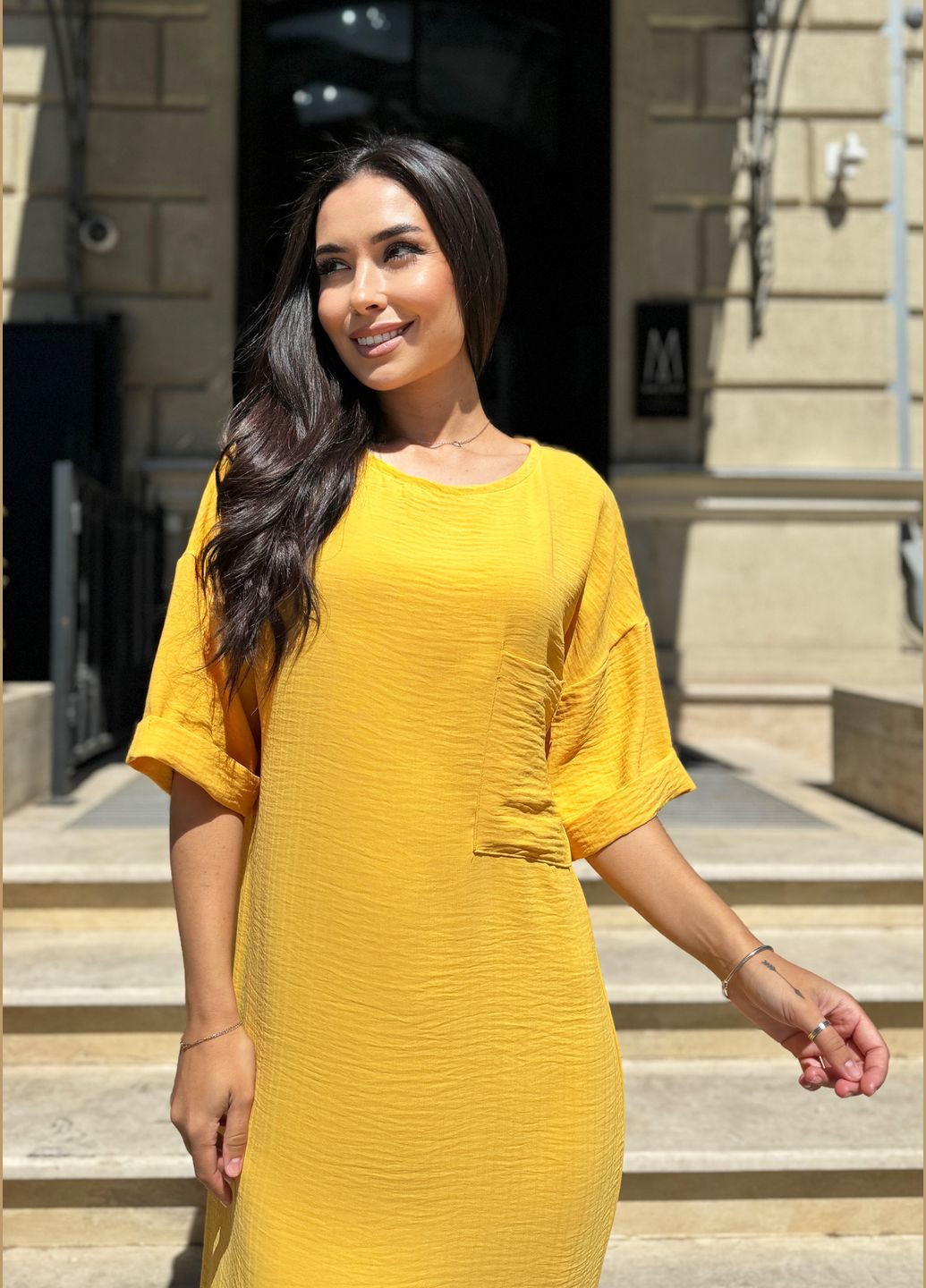 Желтое повседневный, пляжное летнее яркое желтое длинное платье оверсайз INNOE однотонное