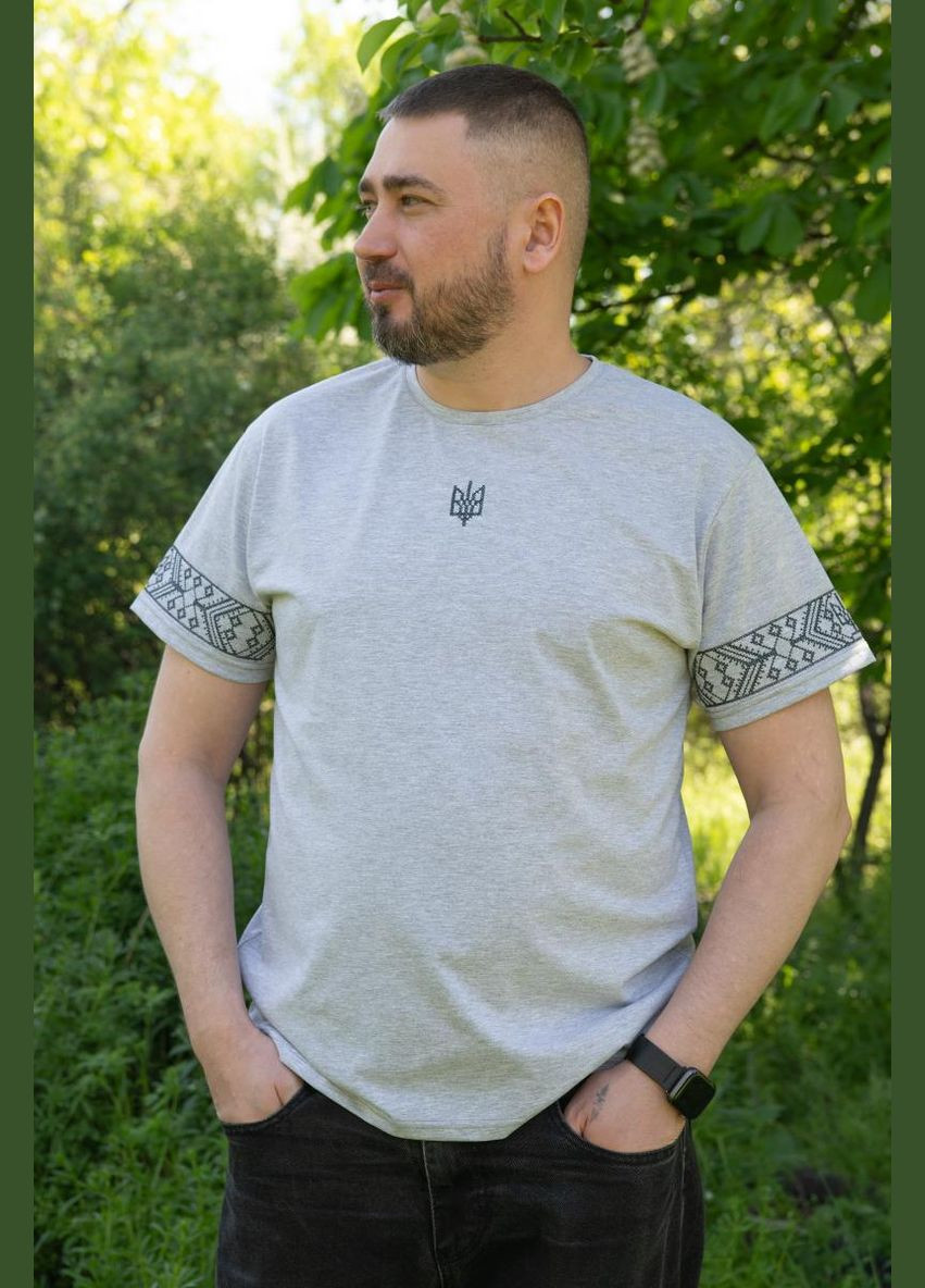 Серая мужская футболка с вышивкой трезуб серая меланж V&V хлопок (334102900)