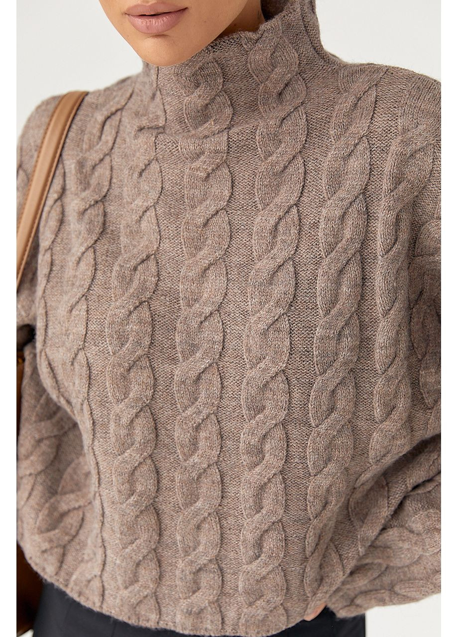 Кофейный зимний свободный вязаный свитер с косичками Lurex