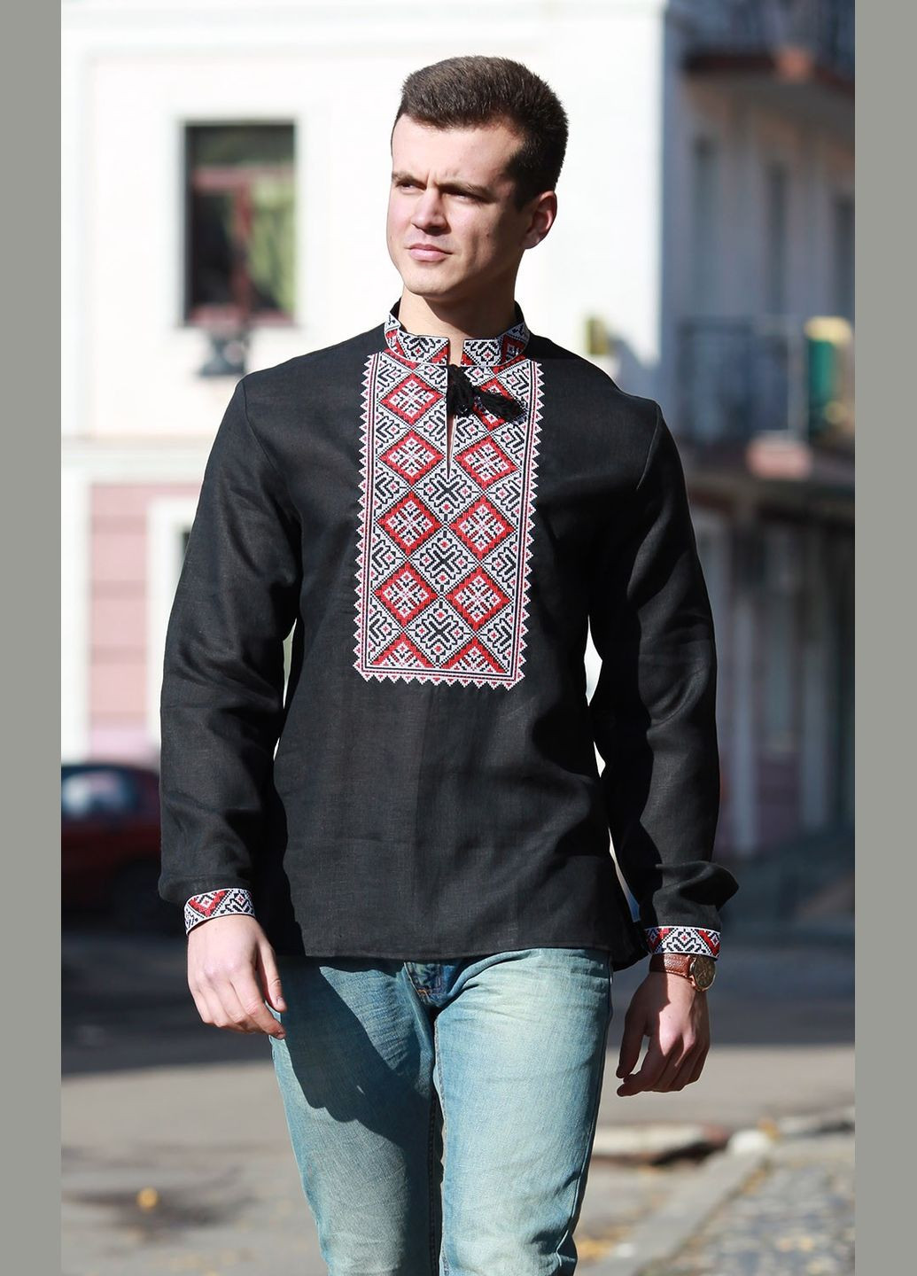 Чорна вишиванка чоловіча vishivano4ka 319-8 візерунок геометричний пряма льон (308385995)