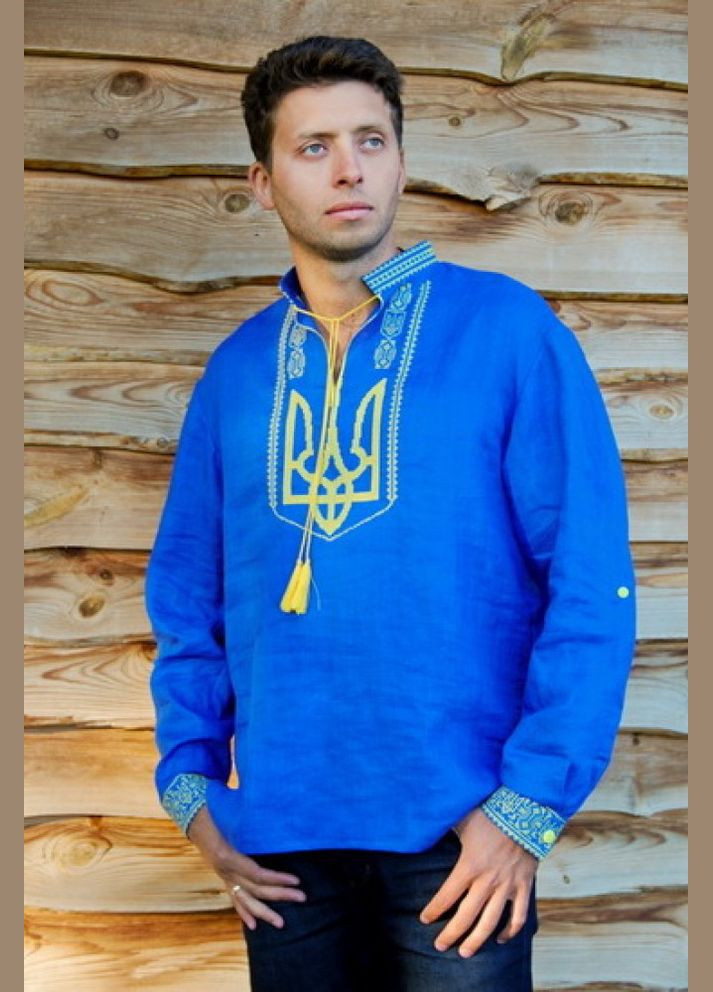 Синяя вышиванка мужская с гербом украины VMV узор украинская символика прямой, свободная лен (340060849)