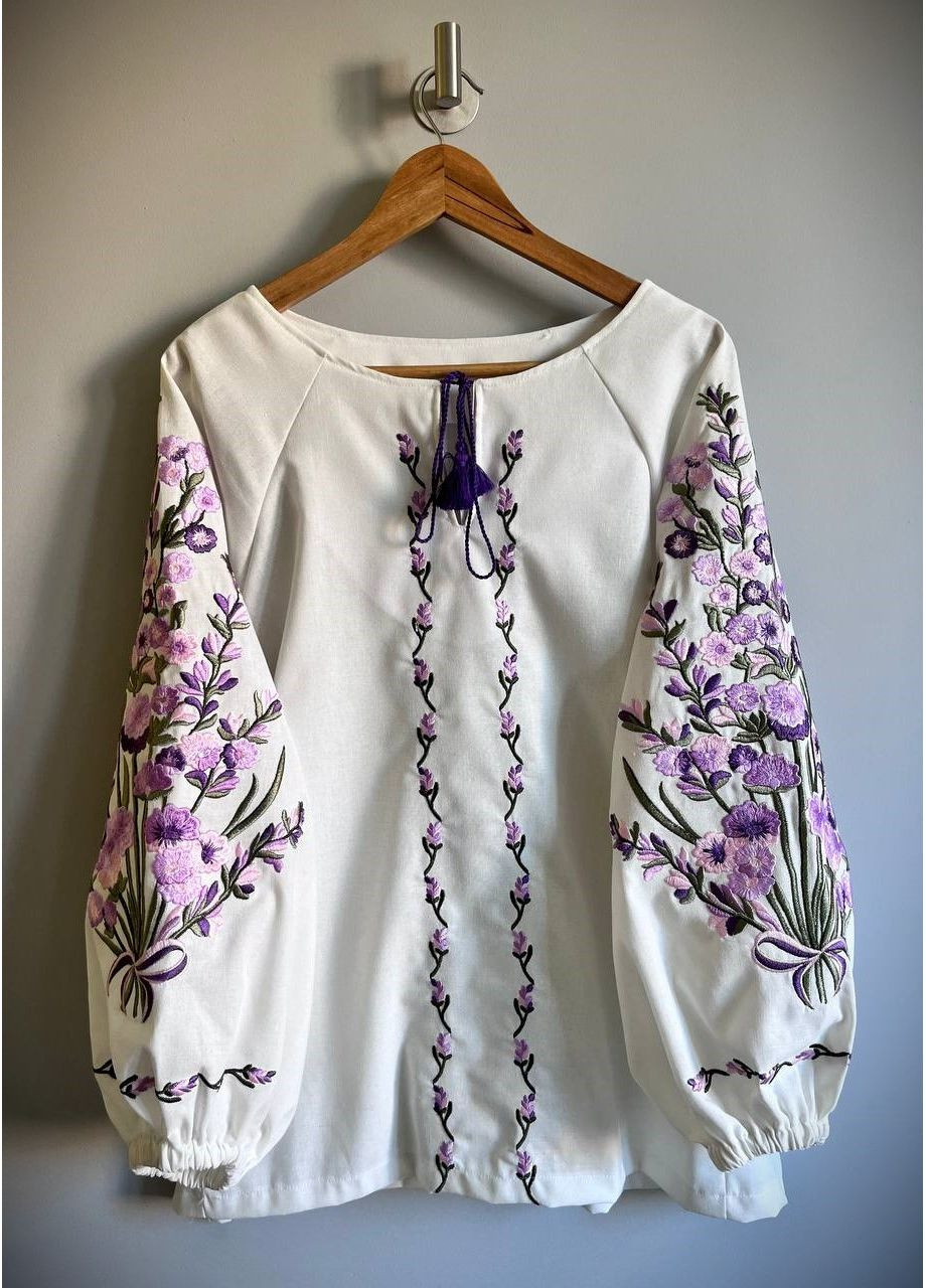 Молочная женская льняная вышиванка этно блуза с вышивкой узор цветочный приталенная, свободная, прямой лен (322503779)