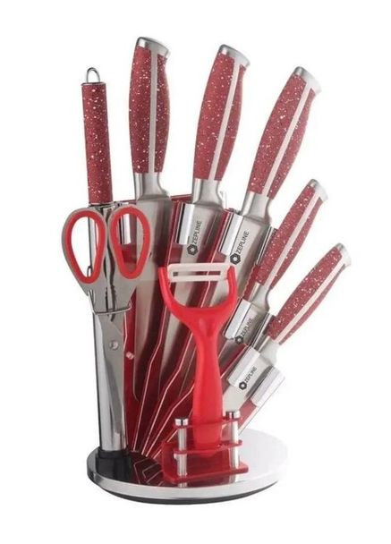 Набір кухонних ножів 9 предметів з підставкою червоний (2104618511) Zepline ZP-027 червоний, пластик, нержавіюча сталь