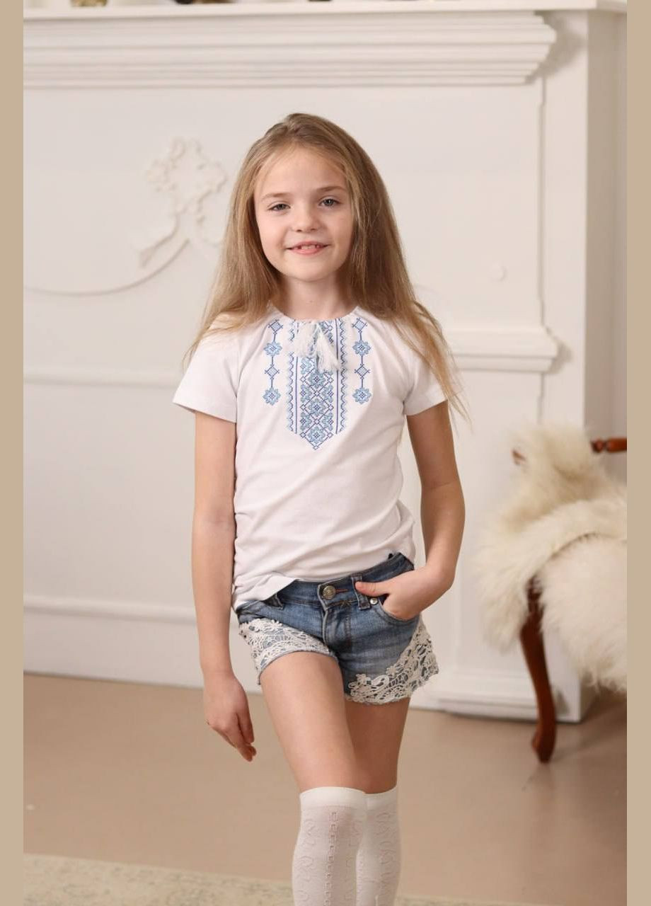 Белая детская вышиванка-футболка белая | летняя футболка с вышивкой Piccolo узор геометрический хлопок (316231194)