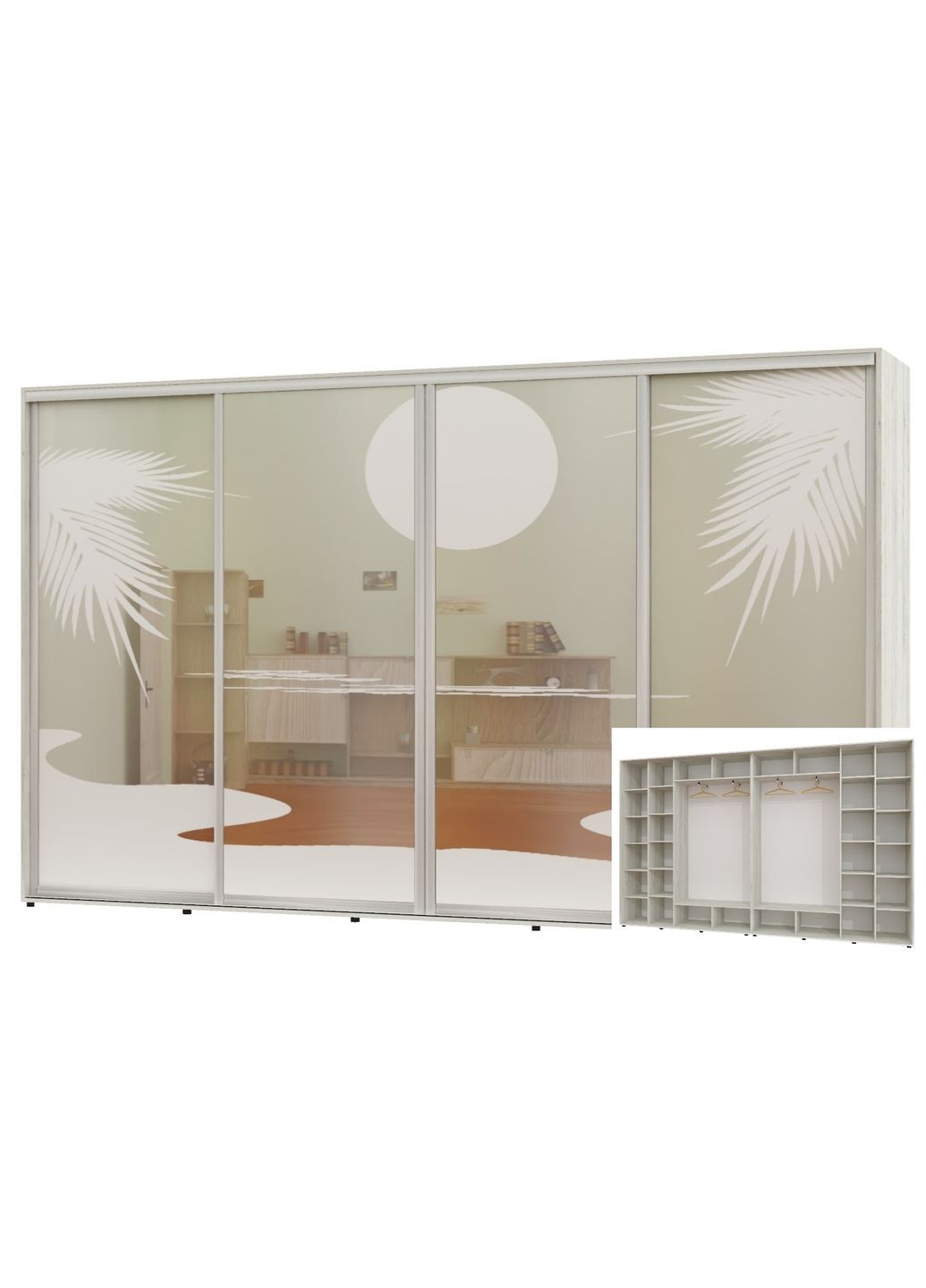 Шафа-купе чотиридверна 400*45*230 Дуб крафт білий Дзеркало з піскострумним малюнком Алекса (360451415)