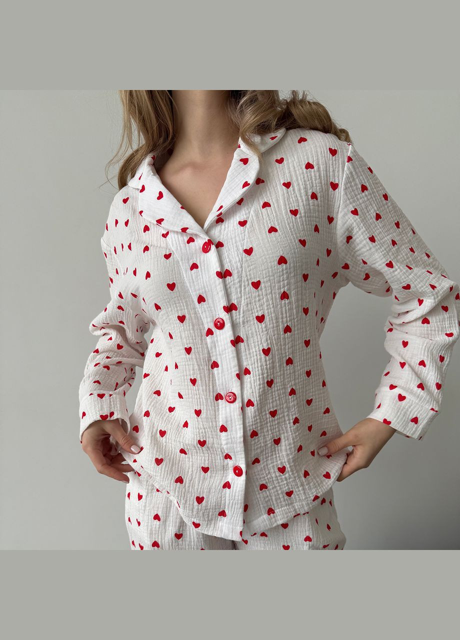 Бордова піжама (сорочка+штани) жіноча муслін біла серця червоні m252p Cosy