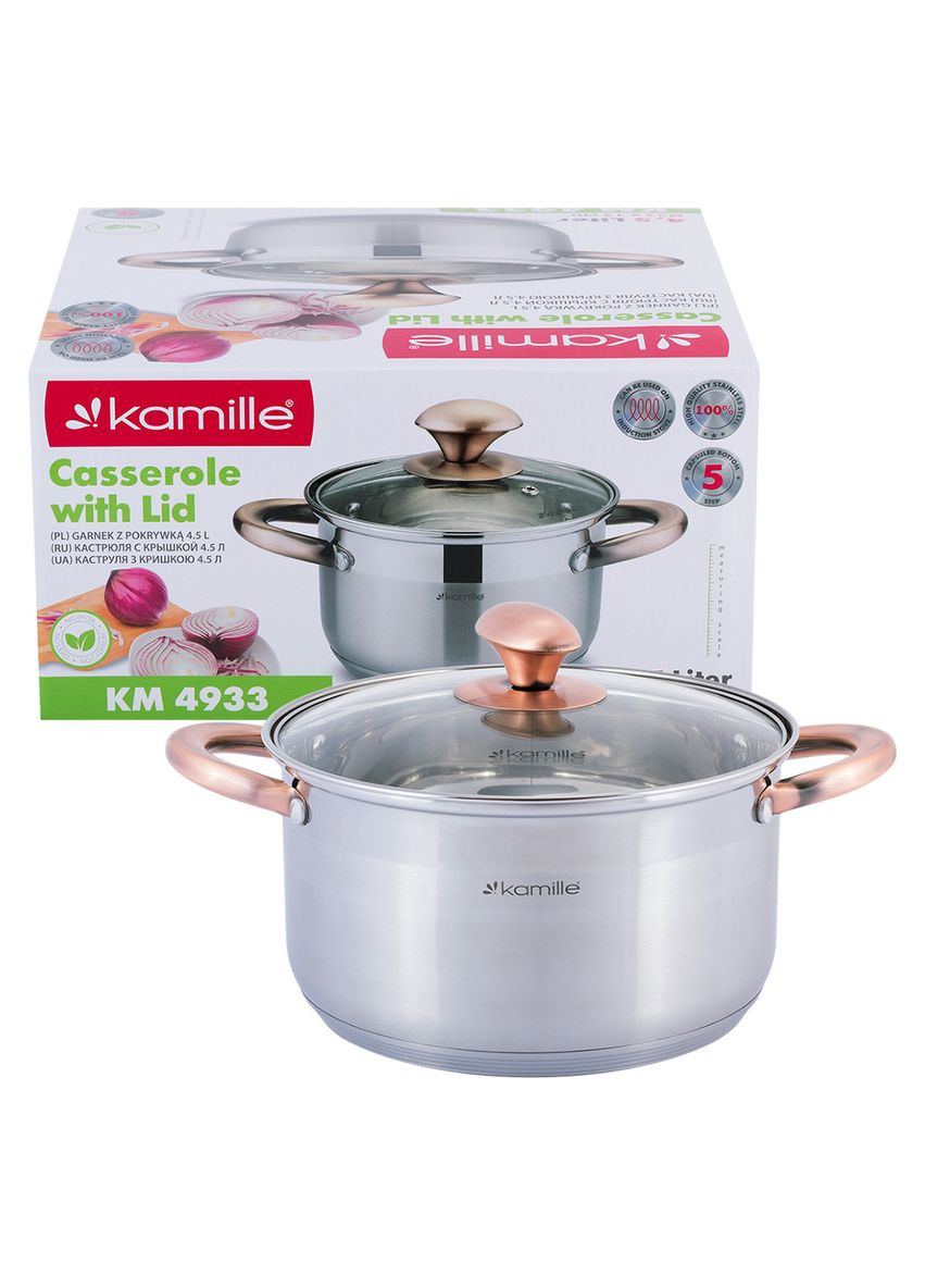 Каструля з кришкою 4.5 л з нержавіючої сталі і порожнистими ручками для індукції і газу KM-4933 Kamille (371898239)