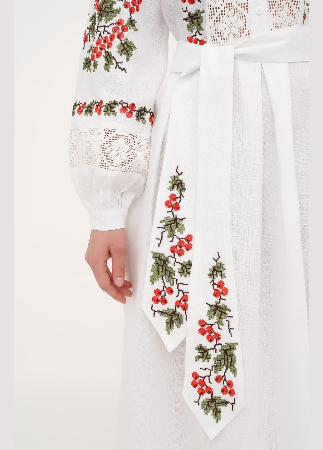 Білий святкова лляна сукня під пояс з мереживом та рослинним орнаментом калина., р., код 0459/54/999 ГАЛЕРЕЯ ЛЬОНУ