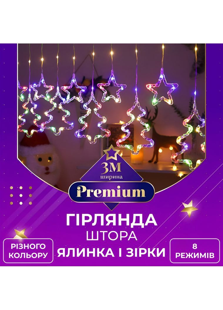 Гирлянда-штора Звезды и елки размер 3*0,9 м 10 фигур, мультиколор GarlandoPro 1733069ML No Brand (367078664)