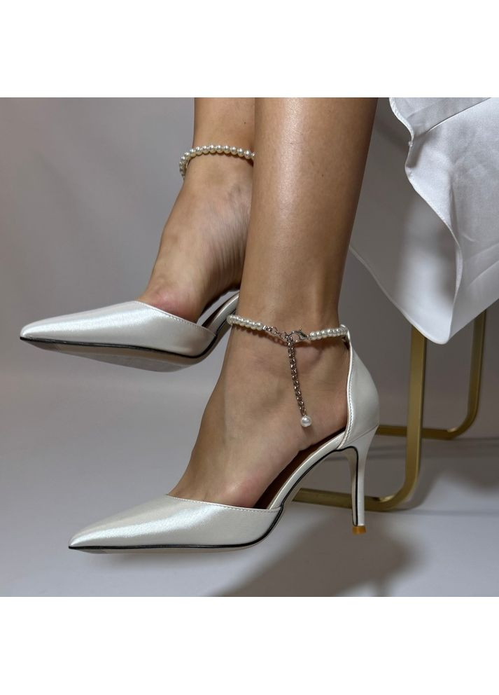 No Brand Жіночі туфлі весільні атласні та ремінцем 5,5 см білий з текстиль, — (351394634)