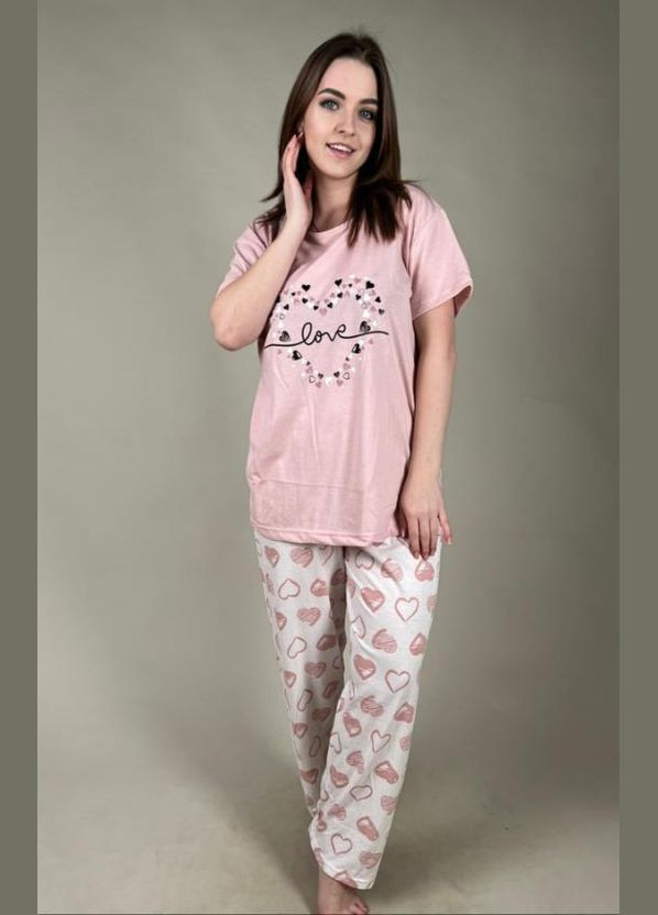 Розовая всесезон женская хлопковая пижама с футболкой и штанами батального размера rinda турция Rinda Pijama